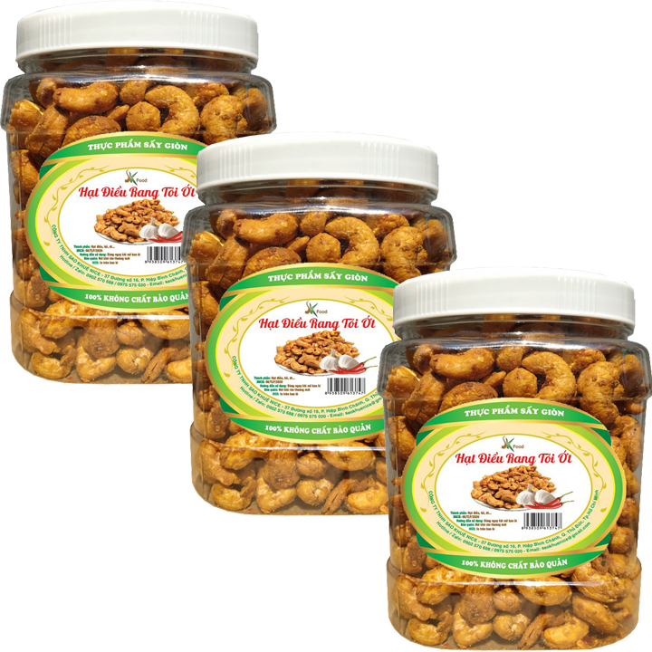 1.5KG HẠT ĐIỀU NGUYÊN RANG TỎI ỚT LOẠI CAO CẤP THƯƠNG HIỆU SK FOOD - COMBO 3 HŨ