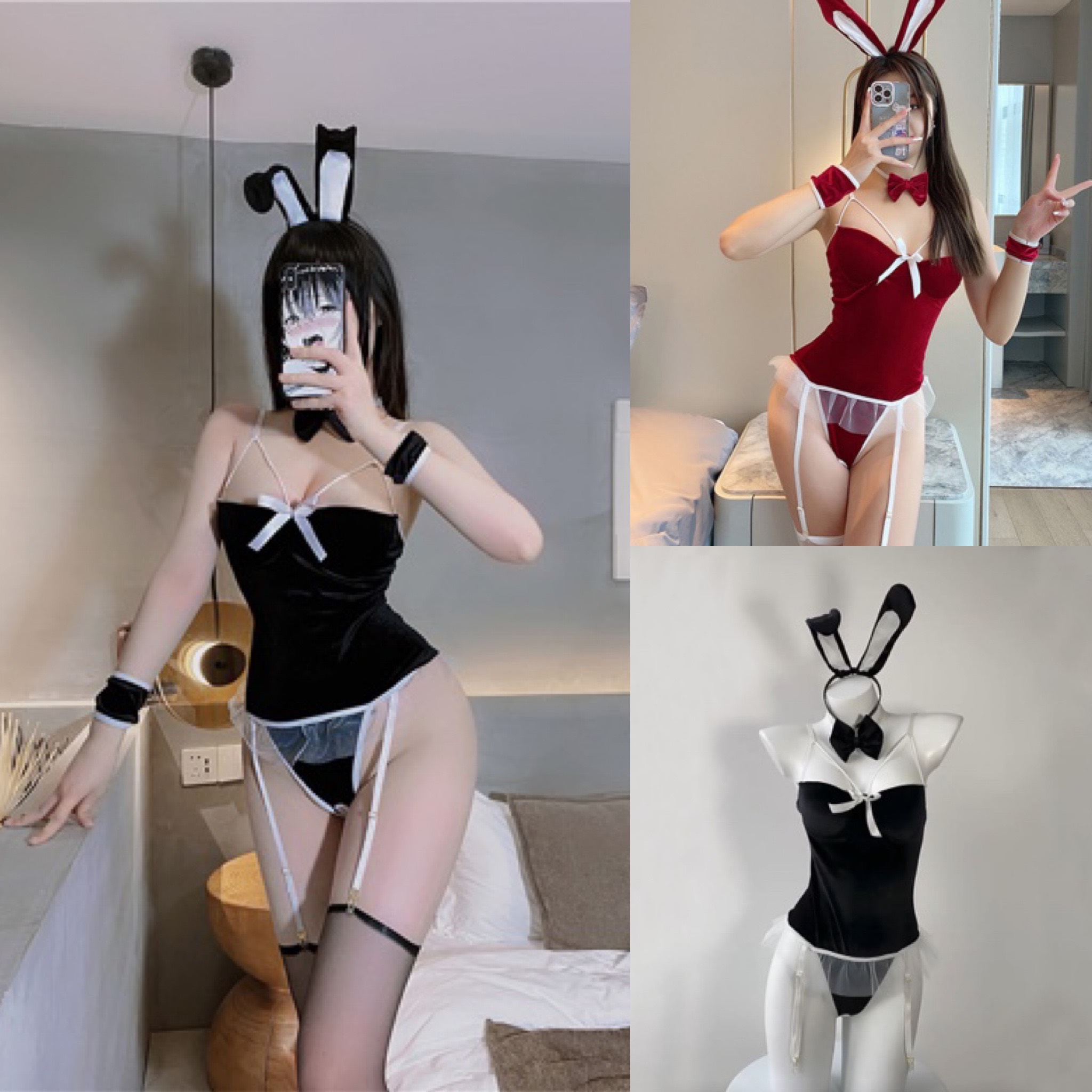 Đồ ngủ Cosplay Sexy tai thỏ chất nhung quần lọt khe xẻ đũng