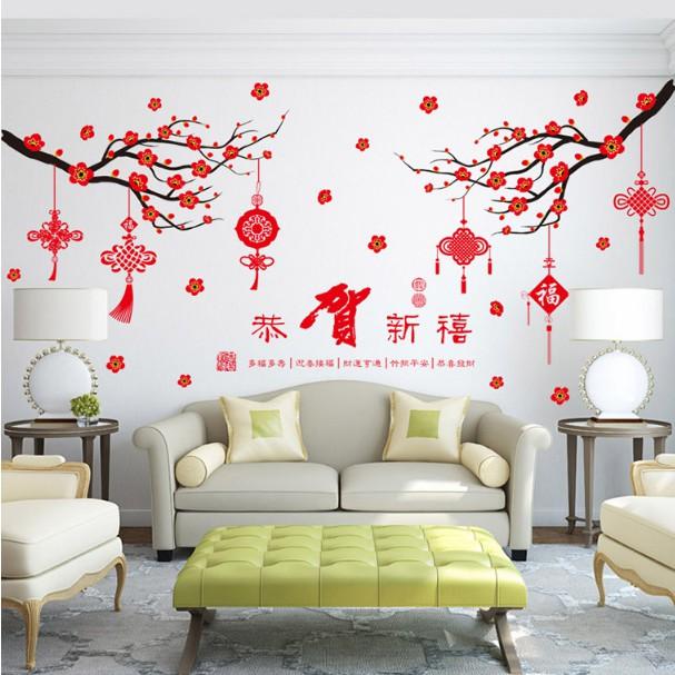 Decal trang trí tết - Cành Mai treo dây đỏ chào tết