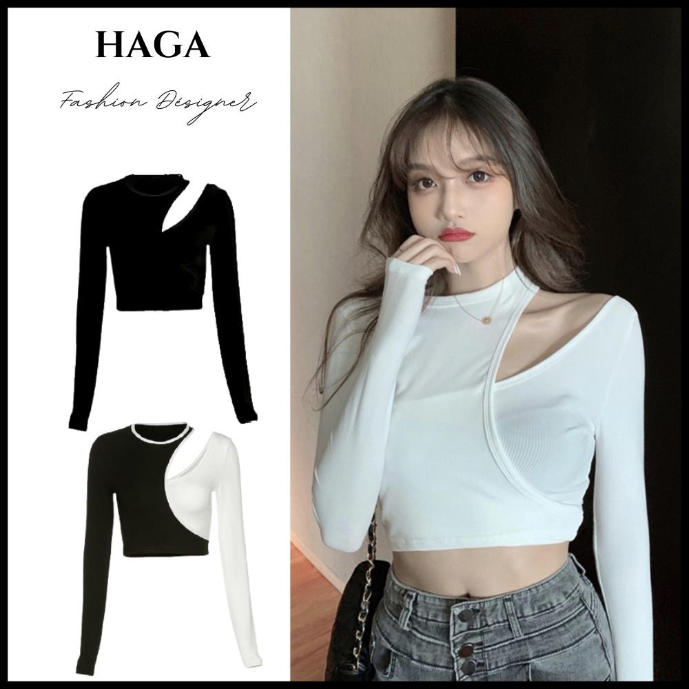 Áo croptop nữ body dài tay HAGA hở vai cổ tròn phối lồng thân ALTD11