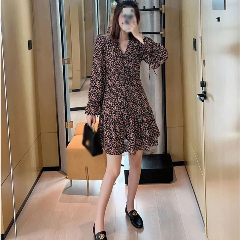 Đầm Nữ Tay Dài Cổ Chữ V In Hoa Thời Trang Quyến Rũ