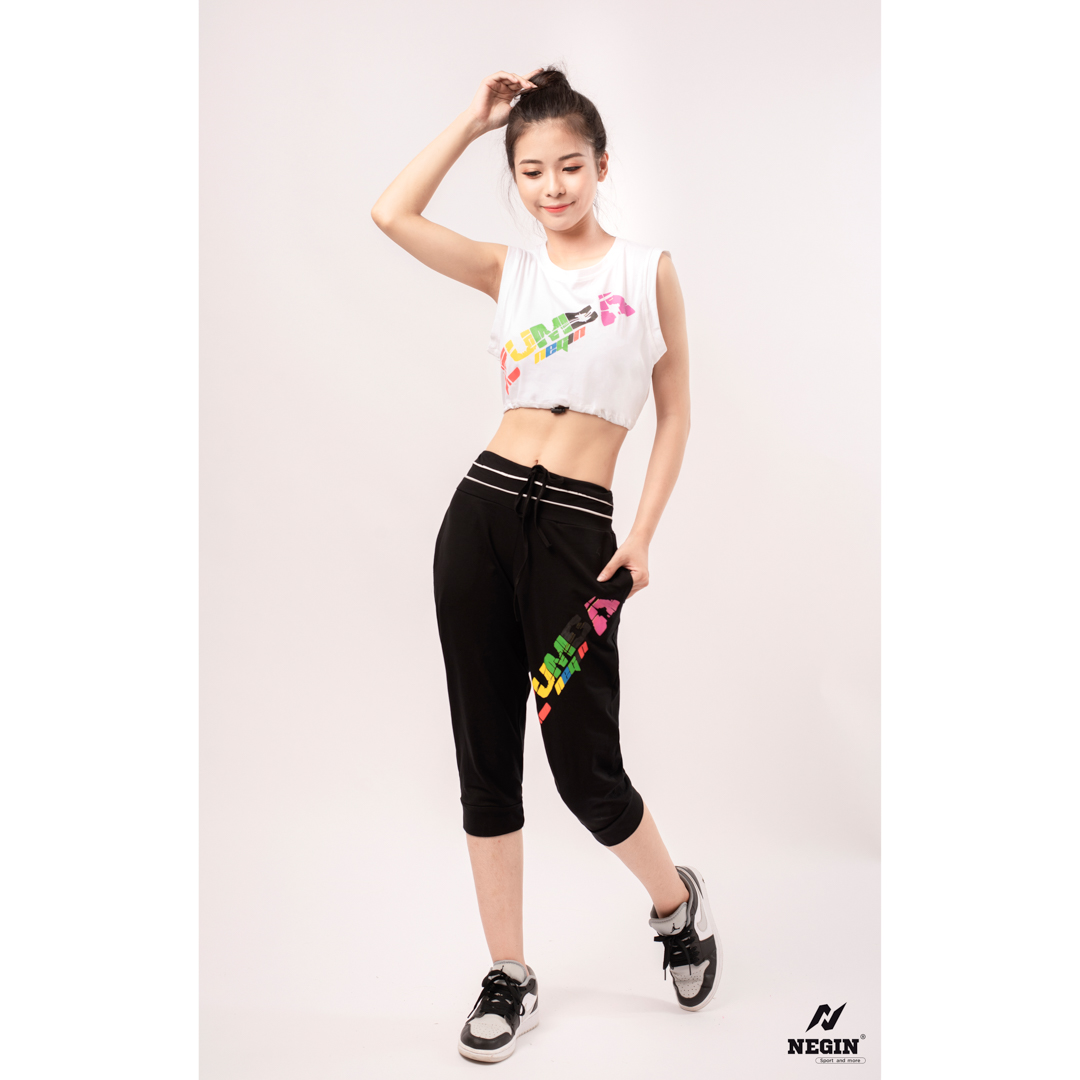 Bộ Đồ Tập Zumba NEGIN Dáng Lỡ Áo Croptop Ba Lỗ Và Quần Ngố Bo Gấu, Chất Liệu 100% Cotton Cao Cấp Thấm Hút Mồ Hôi