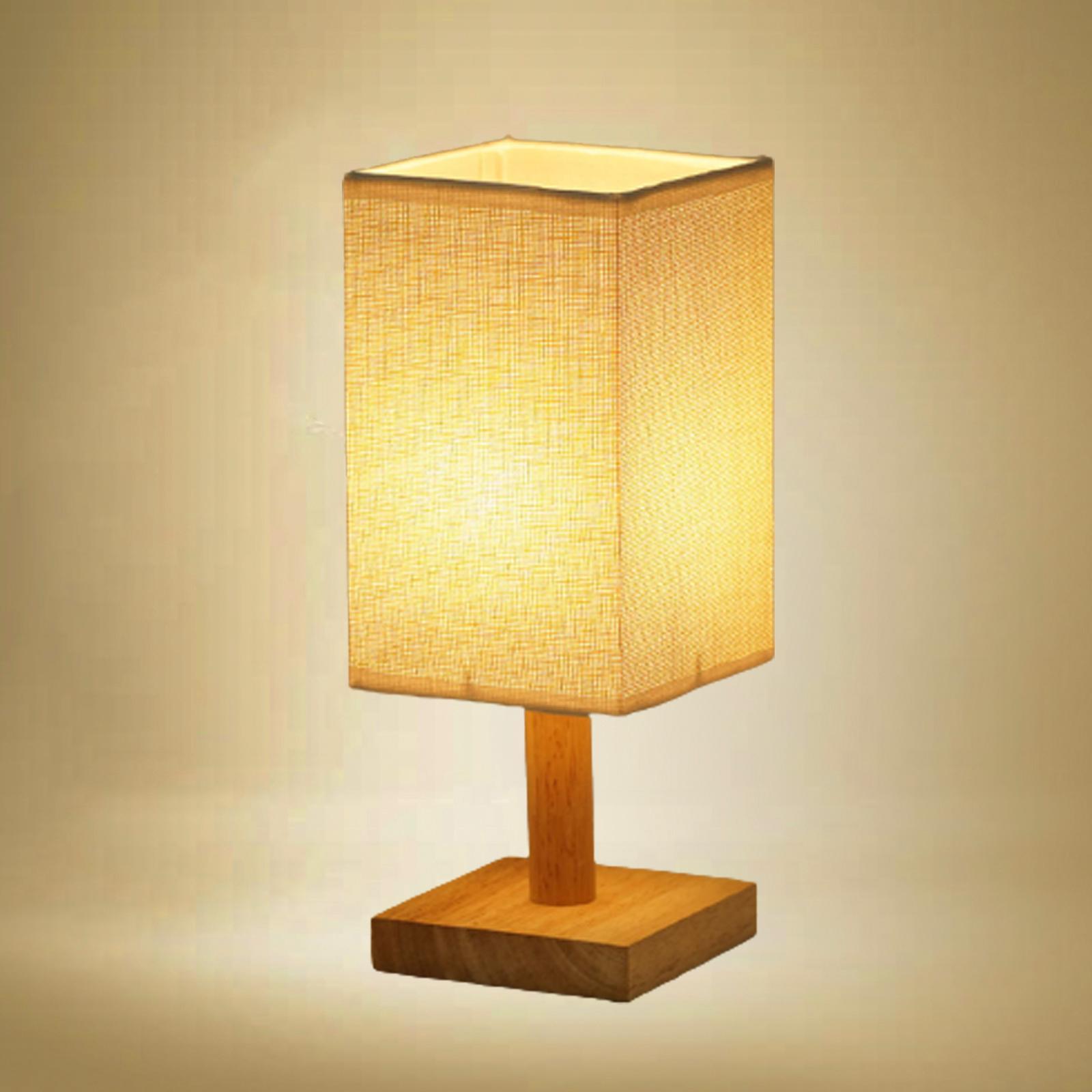 Bedside Table Lamp Decorative with Flaxen Fabric Shade Wood Base Warm White