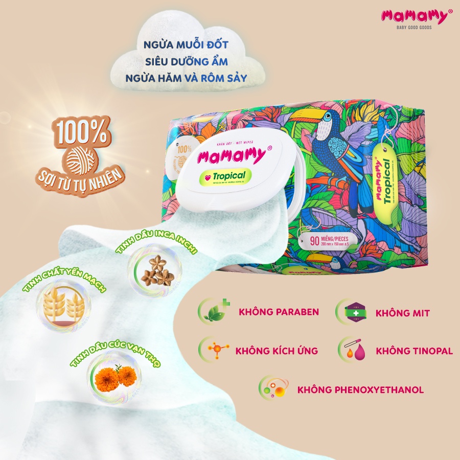 Khăn ướt Mamamy Tropical Premium tinh dầu cúc vạn thọ/ không mùi, có nắp 60 tờ