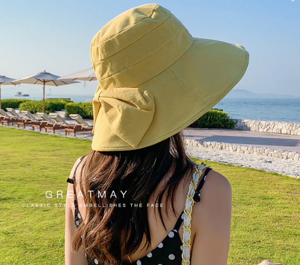 Mũ rộng vành chống nắng chống tia cực tím gắn nơ bản to, nón chống nắng nữ thời trang