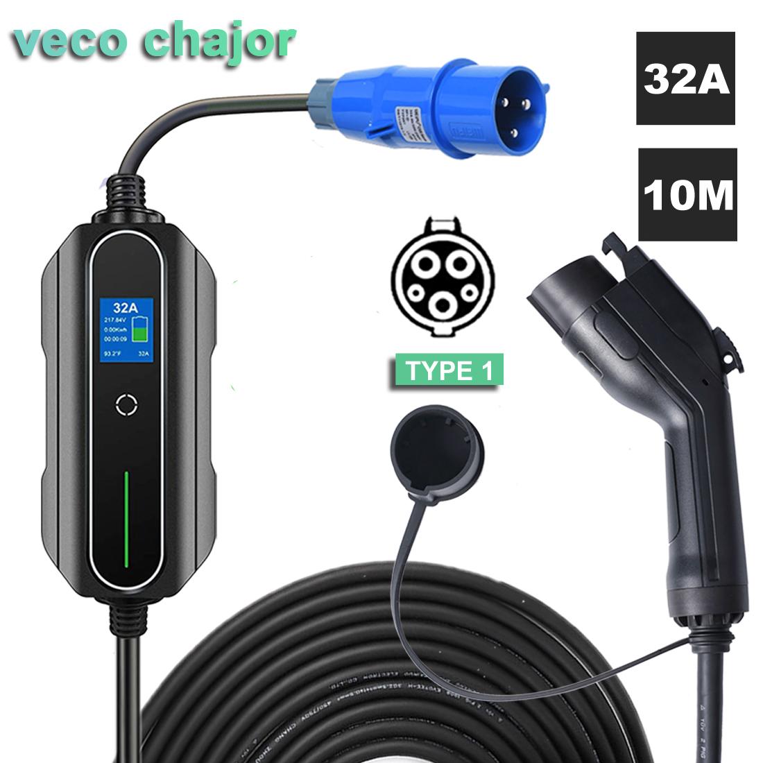 Bộ sạc EV di động 10 mét Type 1 J1772 Type 2 32A Single Phase 7.2kW Cấp 2 10M Xe điện CEE CEE