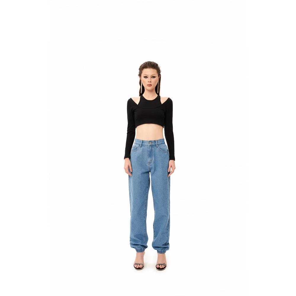 Áo croptop tay dài, màu đen, thiết kế layer 2 lớp, form ôm body, là min - DOUBLE LAYER TOP - BLACK