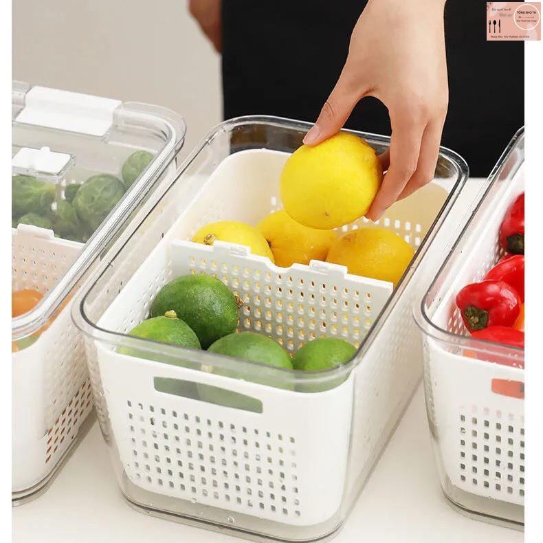 Hộp đựng thực phẩm, Hộp nhựa to đựng thực phẩm tủ lạnh 2 lớp có lỗ thoát nước khoá thoát khí dễ dàng bảo quản