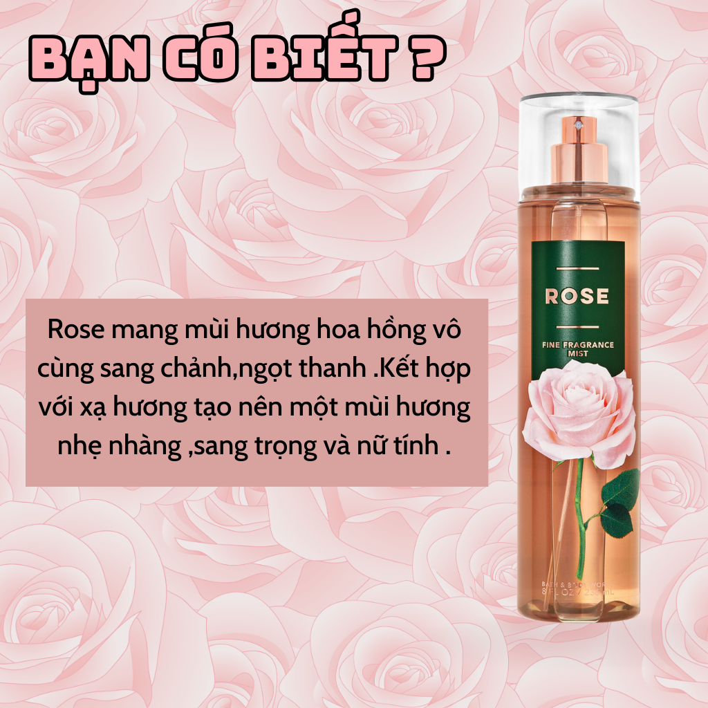 Body Mist Bath And Body Works Nam Nữ Chính Hãng Rose, Xịt Thơm Body Toàn Thân Hương Nước Hoa 236ml