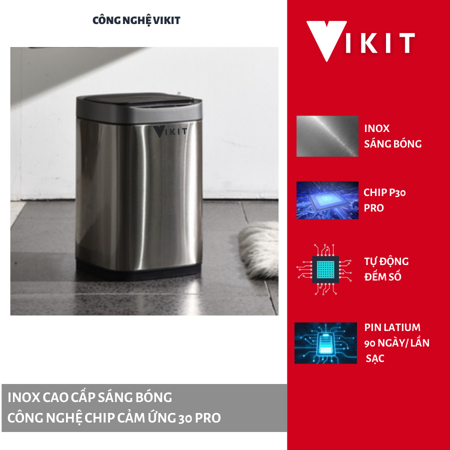 Thùng rác cảm ứng thông minh loại inox cao cấp Vikit RCU01 - Inox bạc