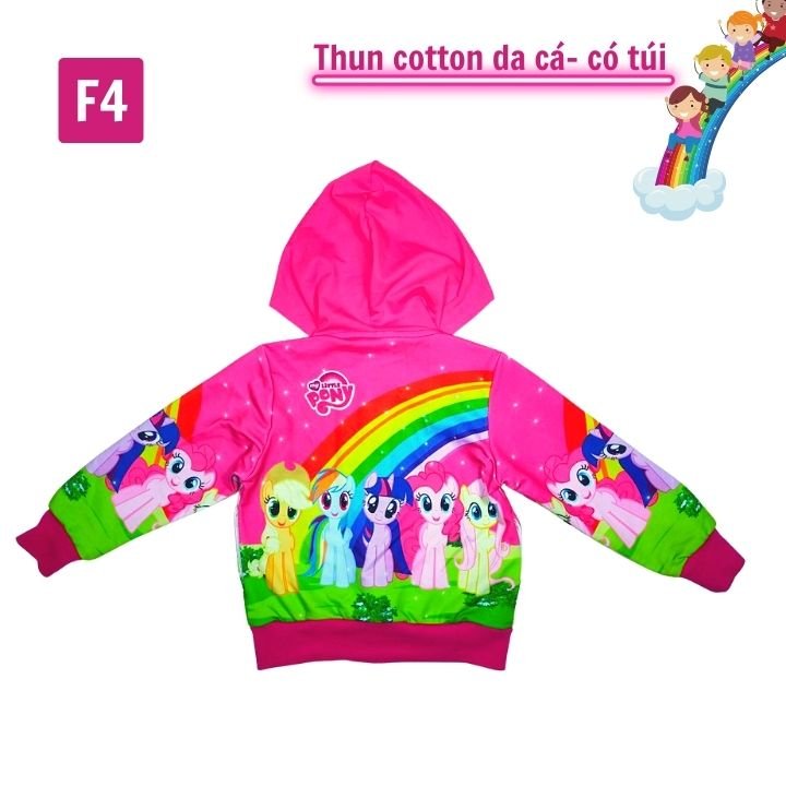 Áo khoác bé gái hình ngựa Pony cầu vồng từ 11-43kg - Chất liệu thun cotton da cá in 3D