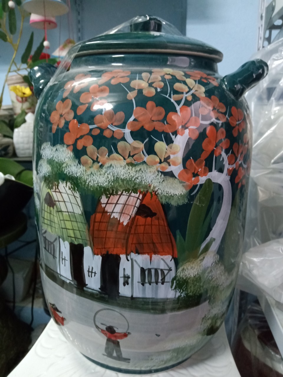 Hũ đựng gạo Bát Tràng vẽ phong cảnh màu xanh loại 15L ( 10kg gạo)