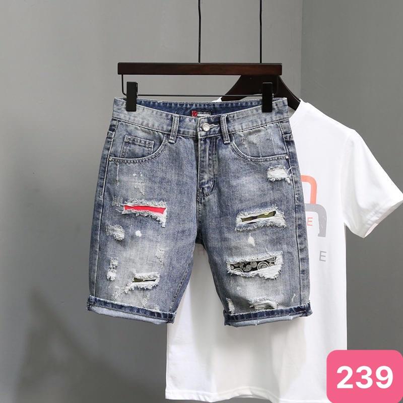 Quần short đùi jean nam xanh bạc nhạt rách gối chất bò cao cấp co dãn 4 chiều cực đẹp, quần rin nam HD31