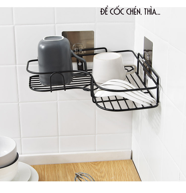 Giá góc, kệ góc treo tường bằng miếng dính (không phải khoan) cho nhà bếp, phòng tắm thêm gọn gàng, để được nhiều đồ hơn