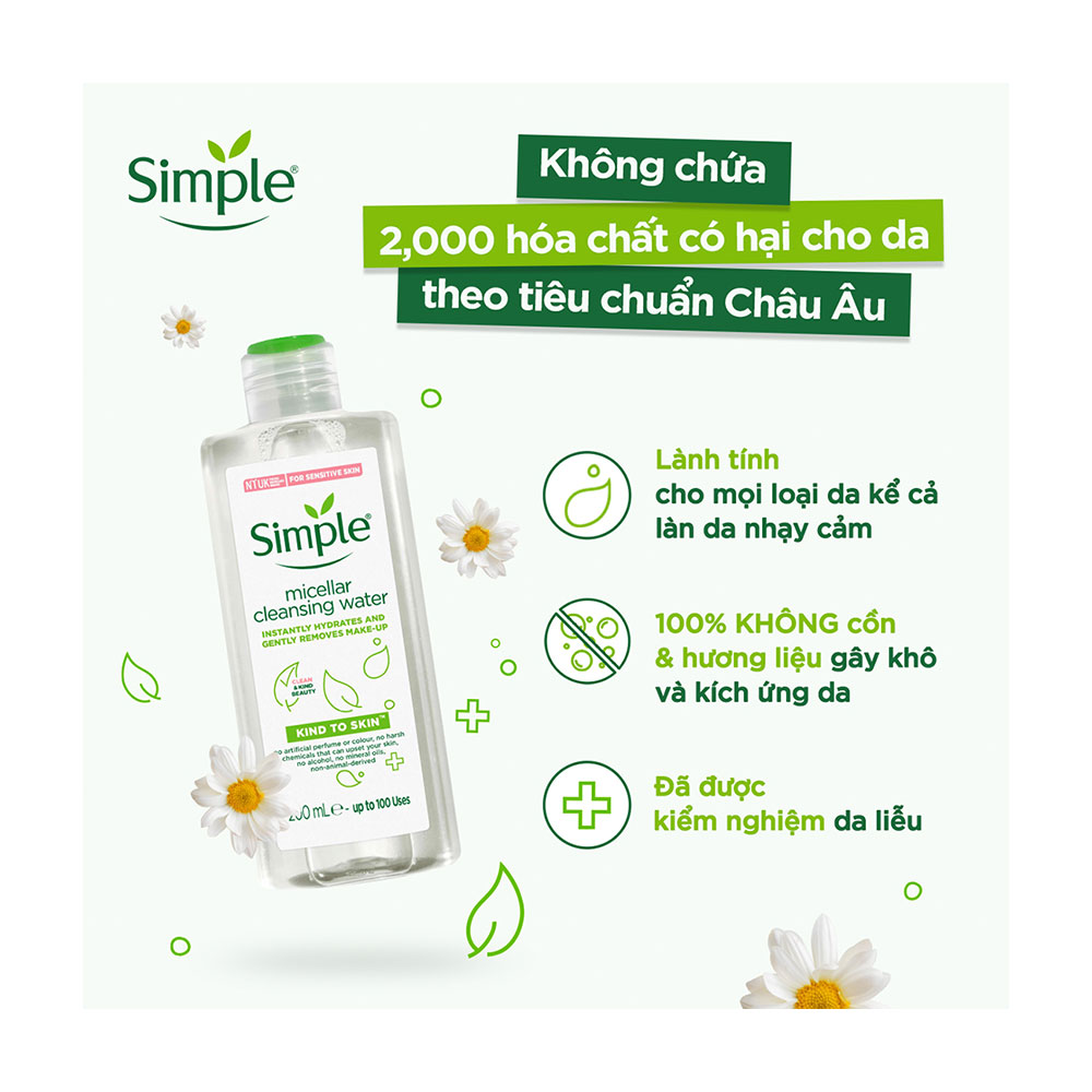 Nước tẩy trang dịu nhẹ Simple Micellar Cleansing Water dành cho mọi loại da (200ml)