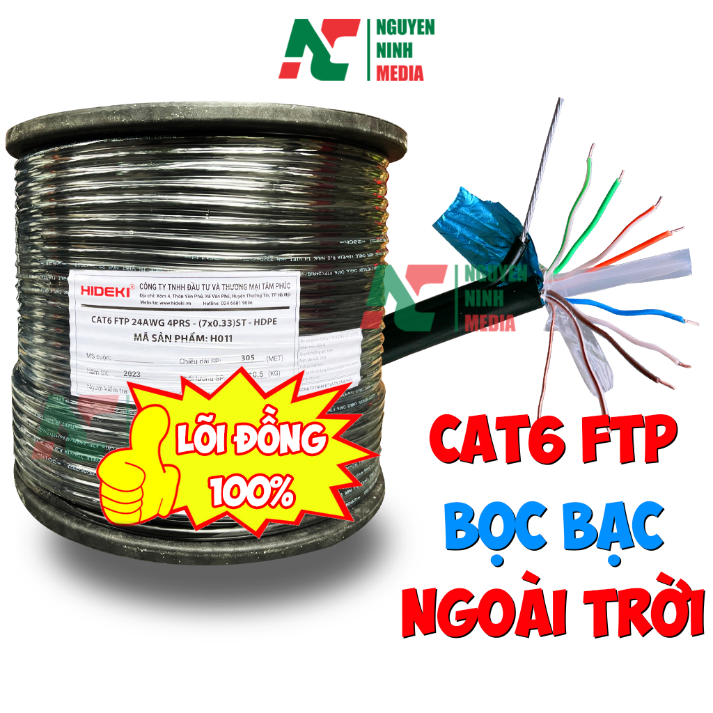 Dây Mạng Ngoài Trời HIDEKI CAT6 FTP 8 Lõi Đồng Nguyên Chất, Bọc Bạc Và Có Sợi Thép Chịu Lực, Vỏ HDPE Siêu Bền - Hàng Chính Hãng