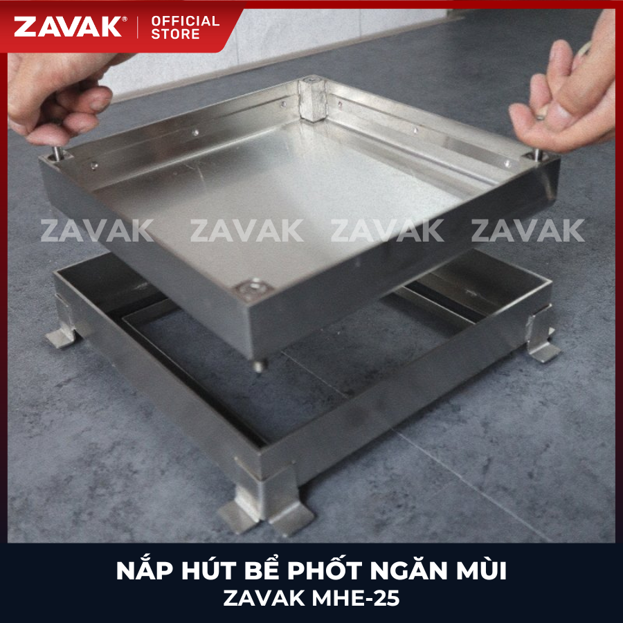 Nắp bể phốt Zavak MHE-25 KT25x25cm, chống nước, chống mùi, lát đá dày 2 cm chịu tải 1 tấn, inox 304