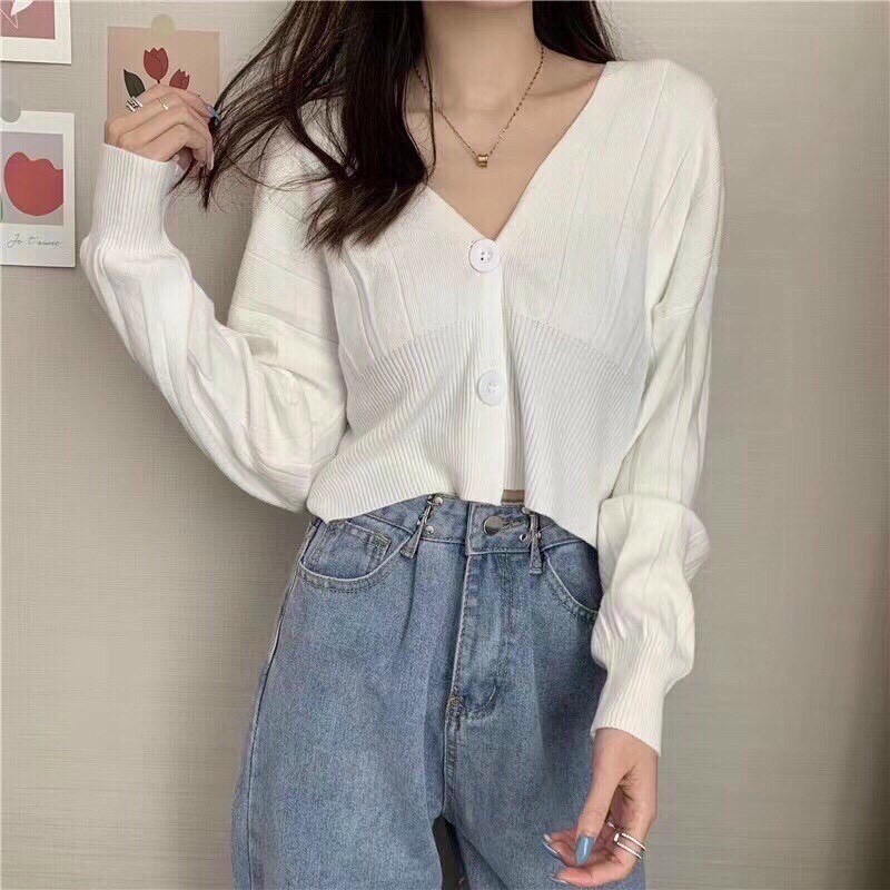 Áo cardigan 2 cúc dáng croptop len mềm xinh xắn