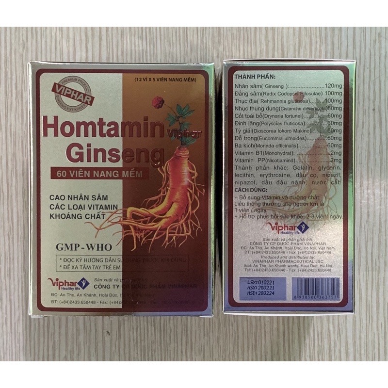 Viên sâm HomtaminViphar - Ginseng Vinapharco, hộp 60v, bồi bổ , nâng cao sức đề kháng