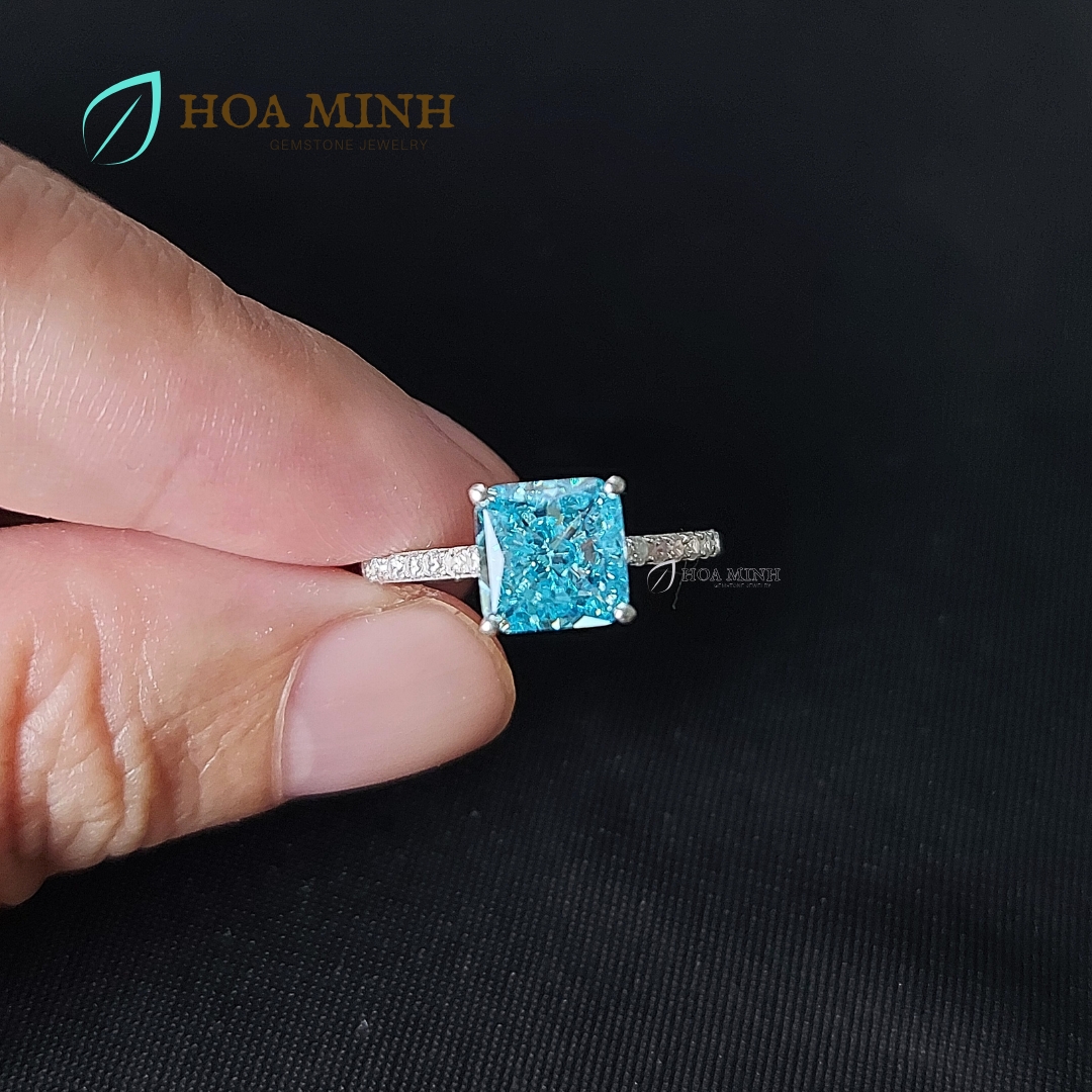Nhẫn bạc nguyên chất bọc đá Nam Phi xanh Aqua vuông màu xanh aqua size 7 li đính tấm đẹp