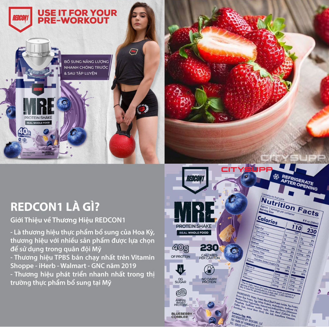 Redcon1 MRE Protein Shake (Thùng 12 Chai) Sữa Thay Thế Bữa Ăn, Bổ Sung 40g Protein, Hỗ Trợ Tăng Cơ, Giảm Mỡ, Ăn Kiêng, Không Lactose