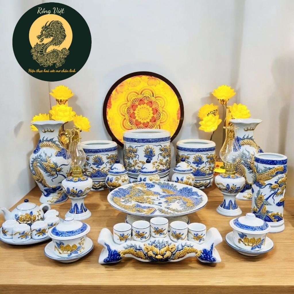 Bộ đồ thờ đắp nổi rạn xanh RỒNG VIỆT, hàng kỹ tinh xảo, Bộ đồ sứ thờ thần tài, đồ thờ gia tiên