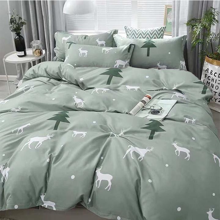 Sét vỏ chăn 5 món m4 Ga gối kèm vỏ gối ôm - Mẫu Tuần lộc xanh