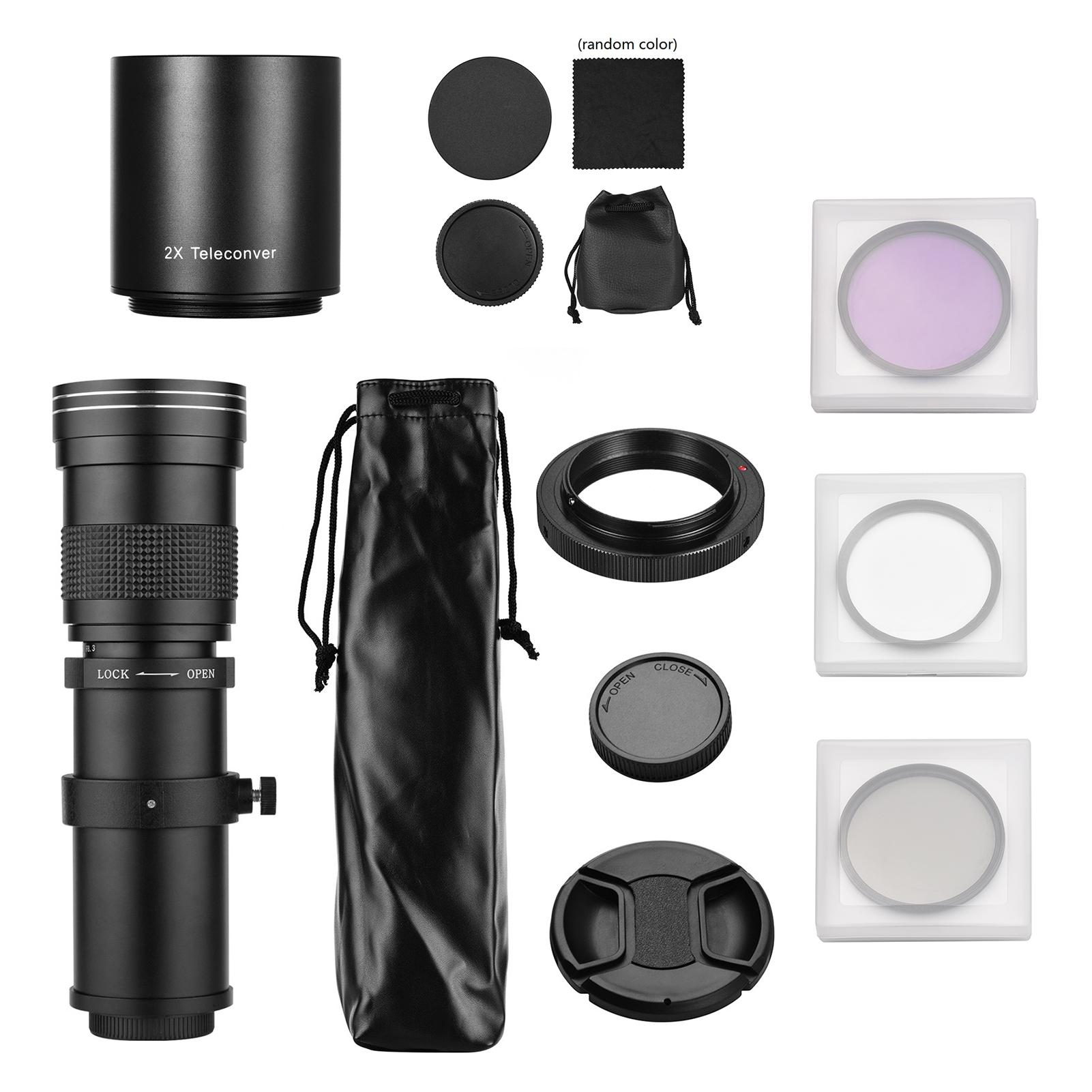 Camera MF Telephoto Zoom Lens F/8.3-16 T Mount+UV/CPL/FLD Filters +2X 420-800mm Teleconverter Lens + T2-EOS Adapter Ring