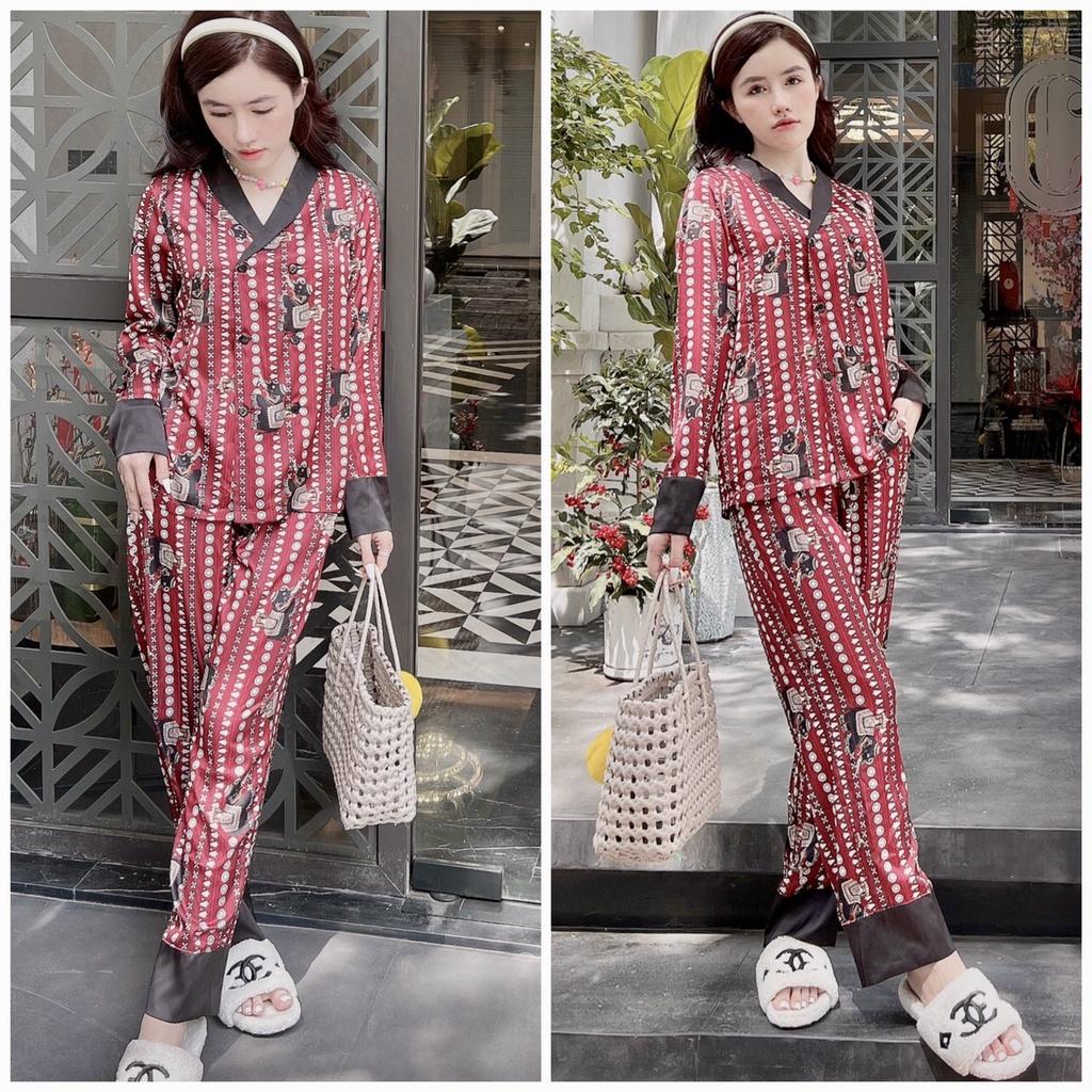 Đồ ngủ mặc nhà Pijama tiểu thư, chất lụa latin cao cấp mềm mịn mát - Freesize dưới 60 kg, tay dài quần dài