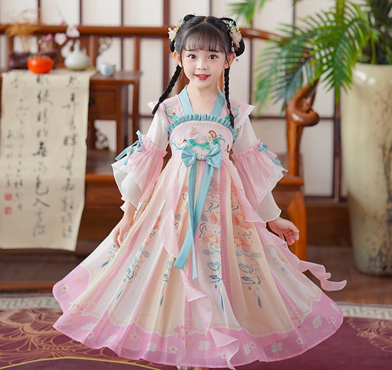 Đầm váy công chúa cổ trang hanfu thêu hoa cho bé gái diện lễ tết trung thu đẹp size 100-160kg hàng Quảng Châu