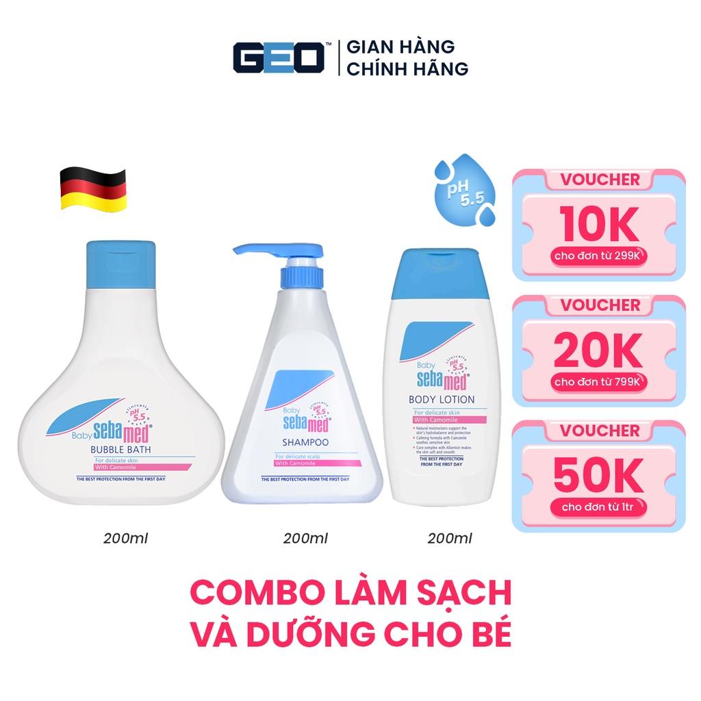 - Sữa tắm tắm tạo bọt 200ml + Dầu gội không cay mắt 150ml + Sữa dưỡng ẩm toàn thân 200ml