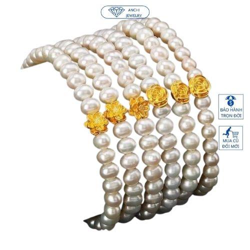Vòng tay ngọc hạt trai mix charm hoa hồng vàng phong thủy may mắn 24k, Anchi jewelry