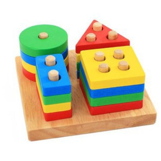 Đồ chơi gỗ Montessori thả hình 4 coc cho bé phát triển kỹ năng cơ bản