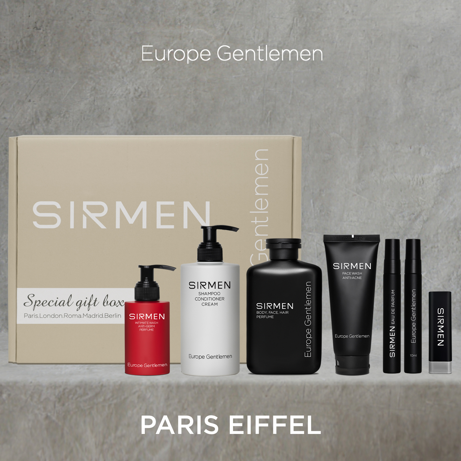 Gift box 6 Paris Eiffel Nước hoa nam - Sữa tắm - Dầu gội xả dưỡng - Dung dịch vệ sinh - Sữa rửa mặt - Son Dưỡng SIRMEN