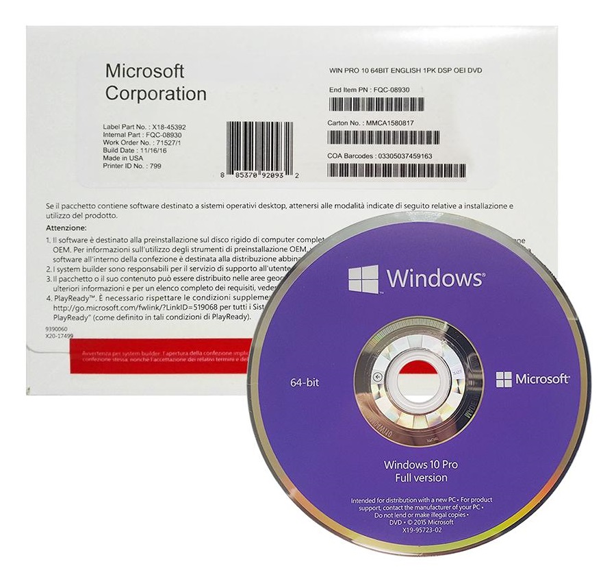 Windows 10 Pro 64-bit Eng Intl 1pk DSP OEI DVD - Hàng Chính Hãng