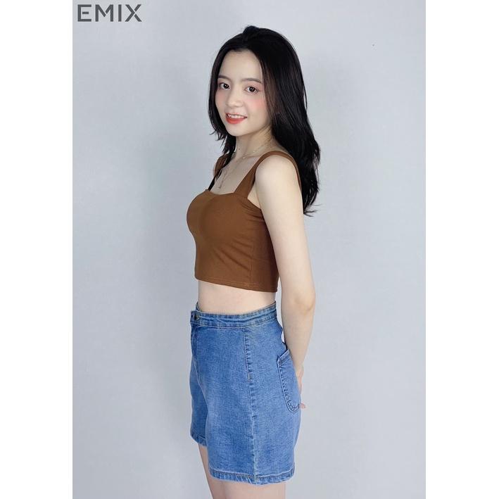 Áo croptop nữ 2 dây bản to EMIX (4 màu), dáng ngắn, cổ vuông, có mút lót, vải cotton co giãn, thấm hút tốt 6045