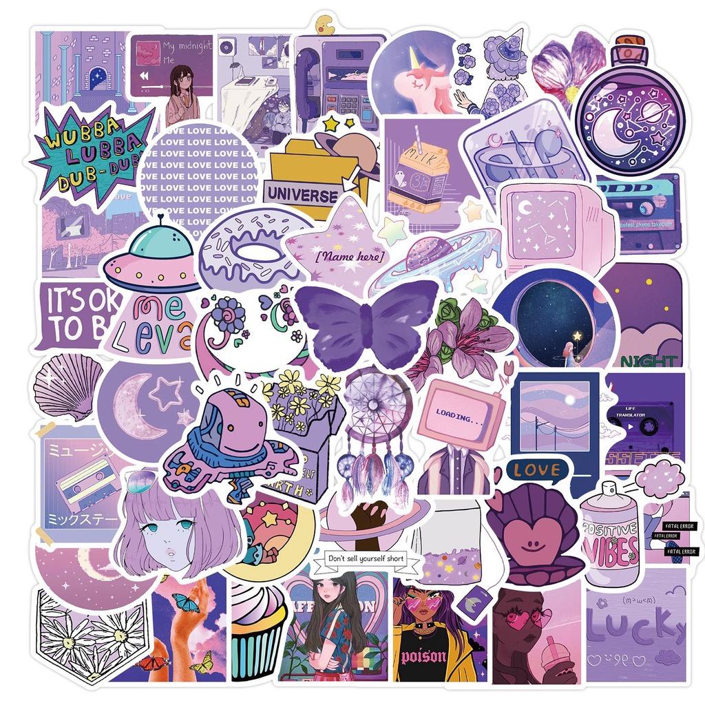 Set 50 Cái STICKER Khác Nhau Màu Tím Chống Thấm Nước Trang Trí Điện Thoại , Laptop , Vali Siêu Cute