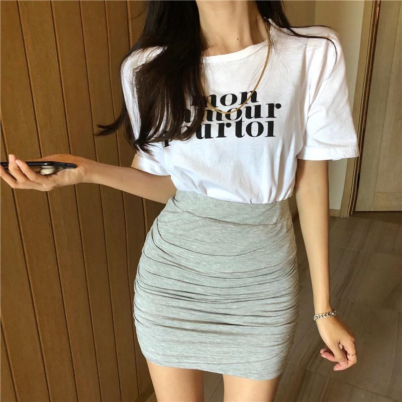 Chân váy thun nhăn cạp cao dáng A-line ôm mông gợi cảm style Hàn Quốc