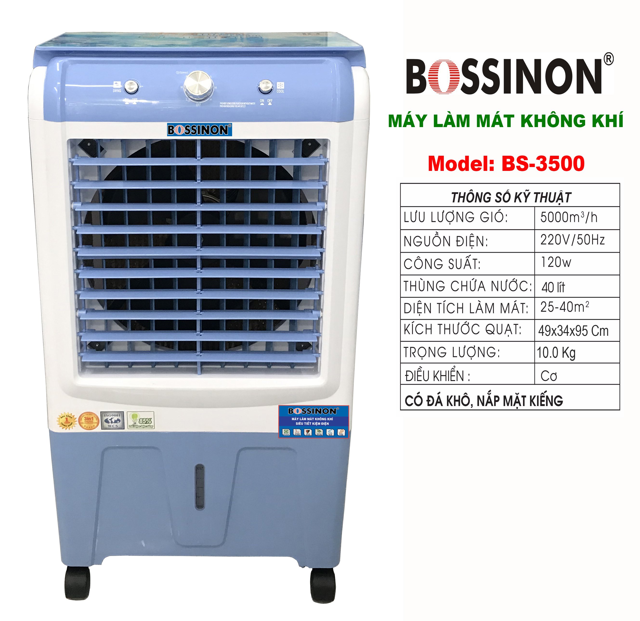 Quạt làm mát không khí, quạt điều hòa, quạt hơi nước Bossinon BS-3500 - Hàng Chính Hãng