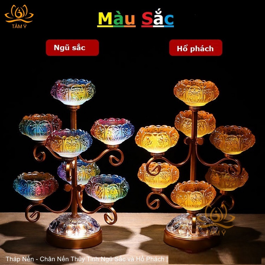 Tháp chân đế nến lưu ly bát kiết tường 7 bông và 9 bông vật phẩm thờ cúng mật tông tâm ý
