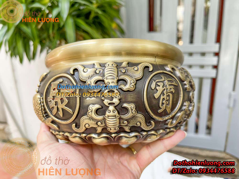 Bát Tụ Bảo Cá Chép Và Dơi Ngậm Tiền Bằng Đồng Màu Nâu Vàng Bằng Đồng Các Cỡ - Đồ Thờ Hiên Lượng