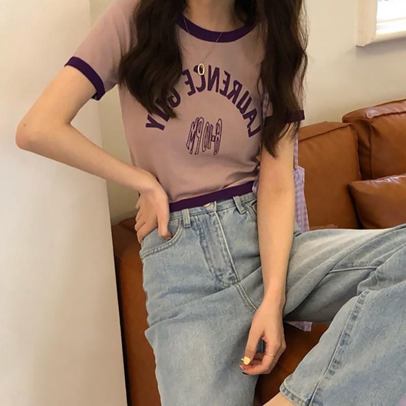 Áo thun nữ ngắn tay dáng ôm in chữ phong cách Hàn Quốc