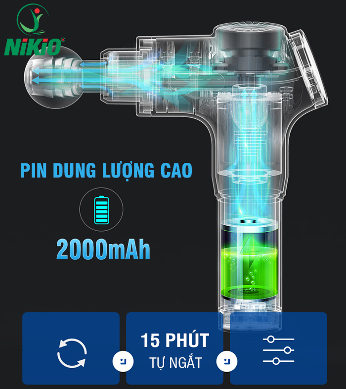 Súng Massage Cầm Tay Nikio NK-170A - Kỹ Thuật Mát Xa Gõ Hiện Đại, Tác Động Sâu, Hỗ Trợ Giãn Cơ Toàn Thân - 4 Đầu Thay Thế, 6 Cấp Độ Mát Xa, Pin Sạc Không Dây 2000 mAh