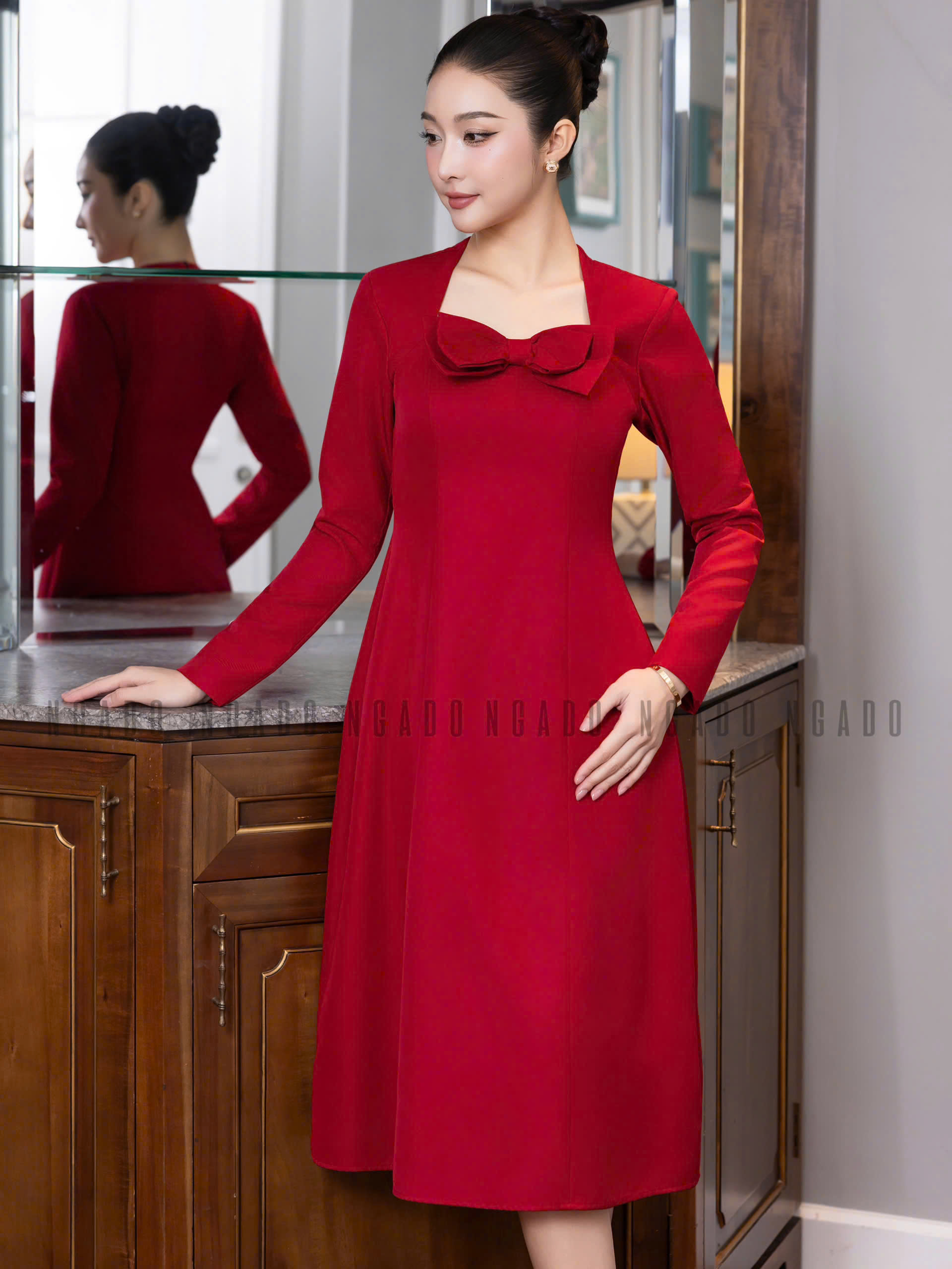 Đầm đỏ tay dài nơ ngực NGADO , đầm tay dài , đầm nơ , đầm nữ , đầm dự tiệc , công sở