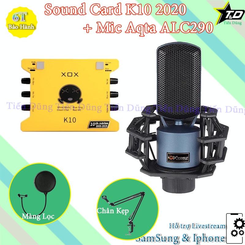 Combo mic livestream karaoke Aqta ALC290 và sound card XOX K10 2020 bản tiếng anh đi kèm chân kẹp màng lọc