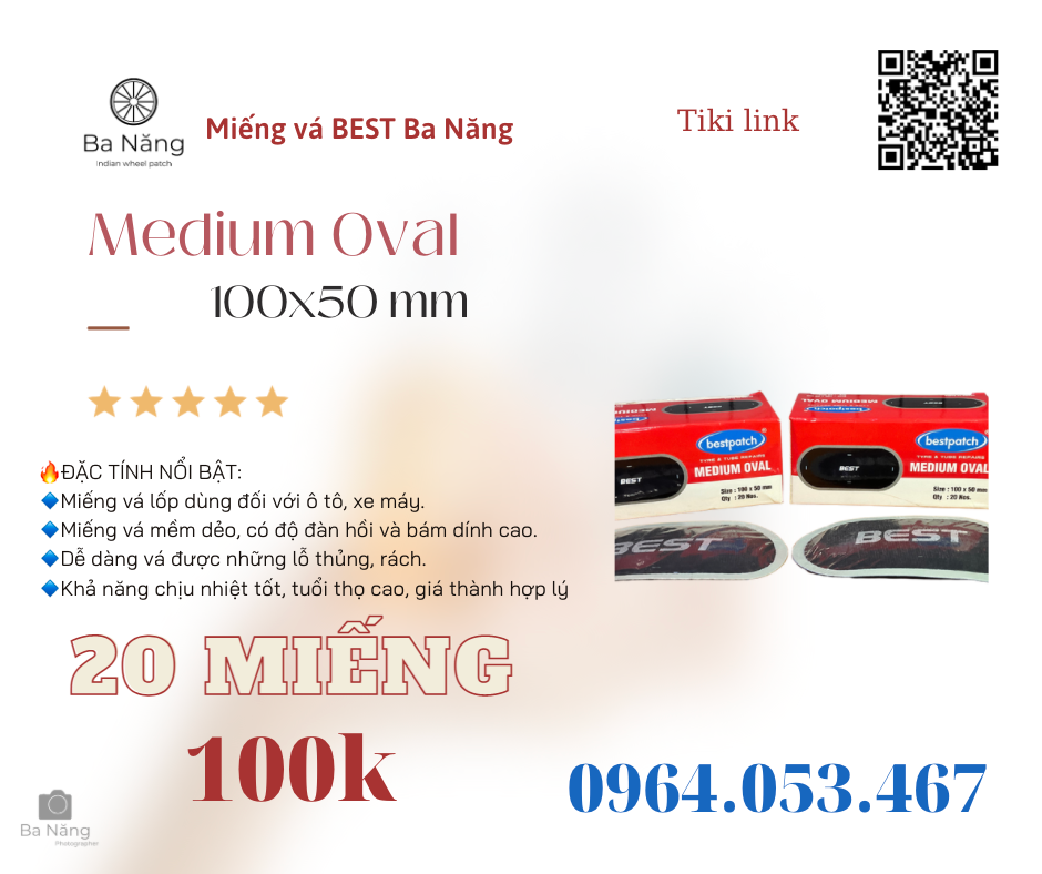 10 miếng vá vỏ săm lốp xe máy, ôtô BEST Medium Oval