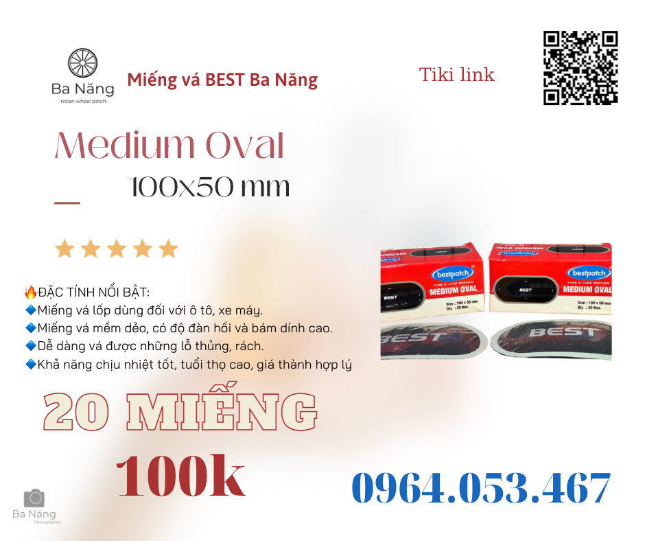 10 miếng vá vỏ săm lốp (ruột) xe máy, ôtô BEST Medium Oval