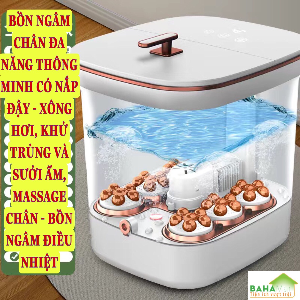 BỒN NGÂM CHÂN ĐA NĂNG THÔNG MINH CÓ NẮP ĐẬY - XÔNG HƠI, KHỬ TRÙNG VÀ SƯỞI ẤM, MASSAGE CHÂN - BỒN NGÂM ĐIỀU NHIỆT "BAHAMAR"  sử dụng tia hồng ngoại sưởi ấm giúp cơ khớp tuần hoàn, và sử dụng các con lăn giúp massage bấm huyệt