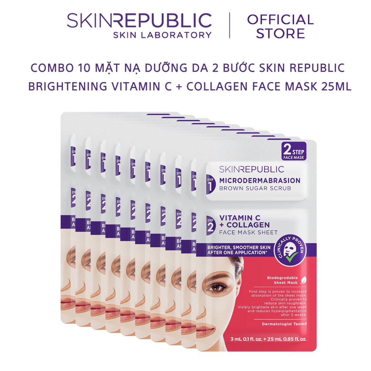 Combo 10 Mặt nạ dưỡng da 2 bước Skin Republic Brightening Vitamin C + Collagen Face Mask 25ml