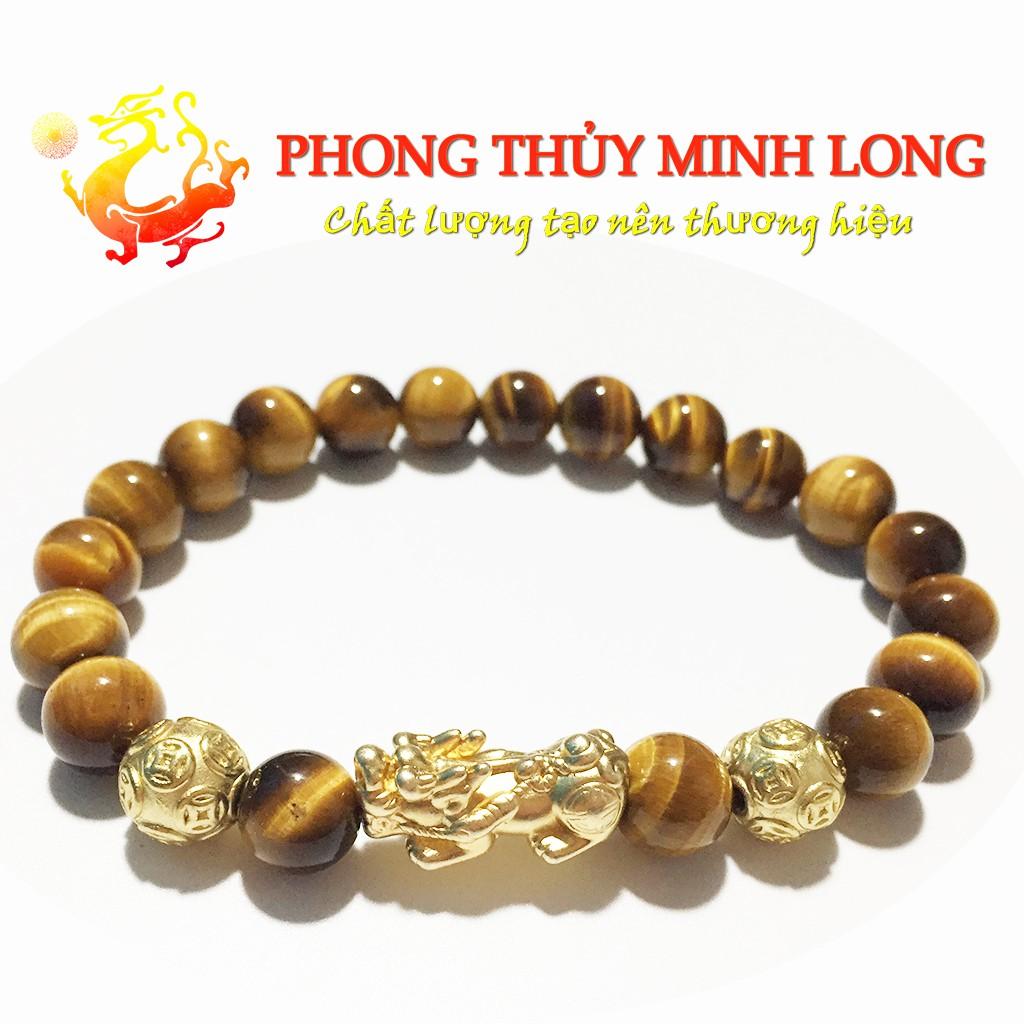 Vòng tay đá mắt hổ Vàng Nâu 5A mix Tỳ Hưu và 2 hạt kim tiền vàng hợp mệnh Kim và Thổ